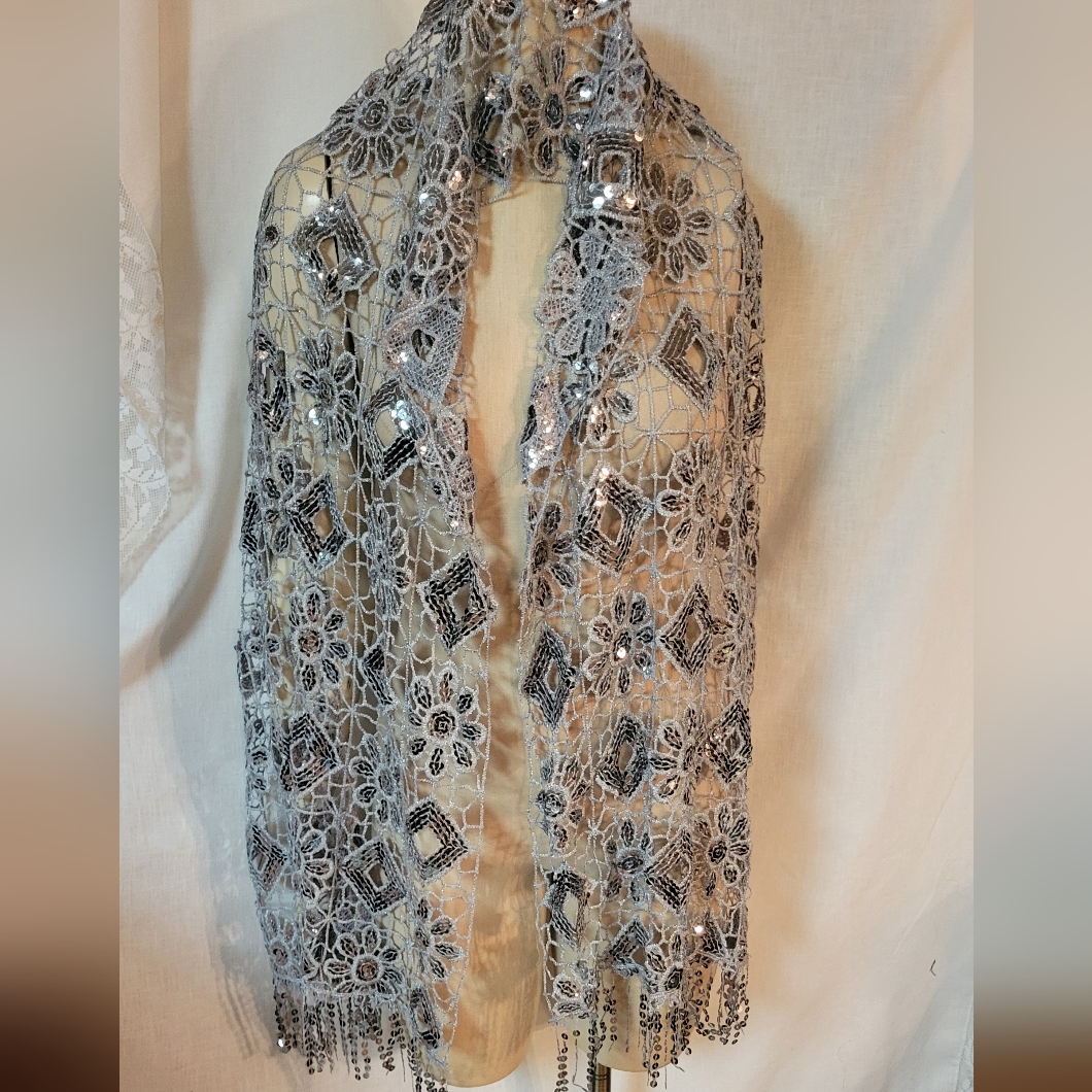 Silver Metallic Sequin Flower Scarf